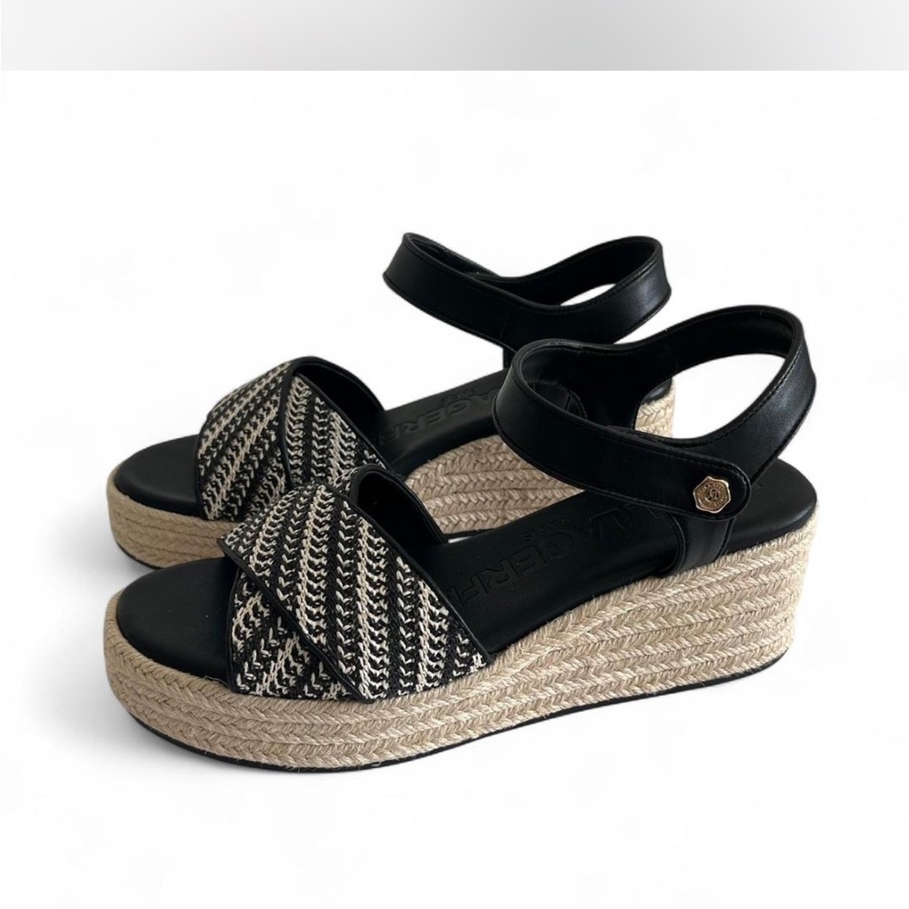 Karl Lagerfeld Paris Espadrille Platform Wedge Sandals Black Cream Sz 10